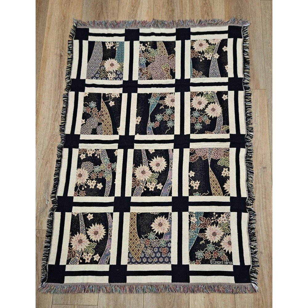 JCPenney Woven Throw Blanket Unisex OS Black Floral Excellent Japanese Tapestry